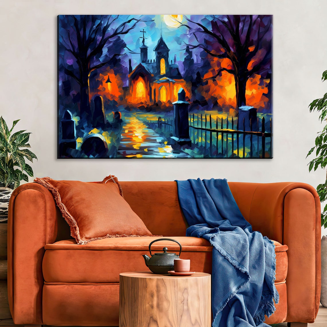 Haunted Chapel Full Moon Spooky Graveyard Night Oil Painting Art Print - Image 2
