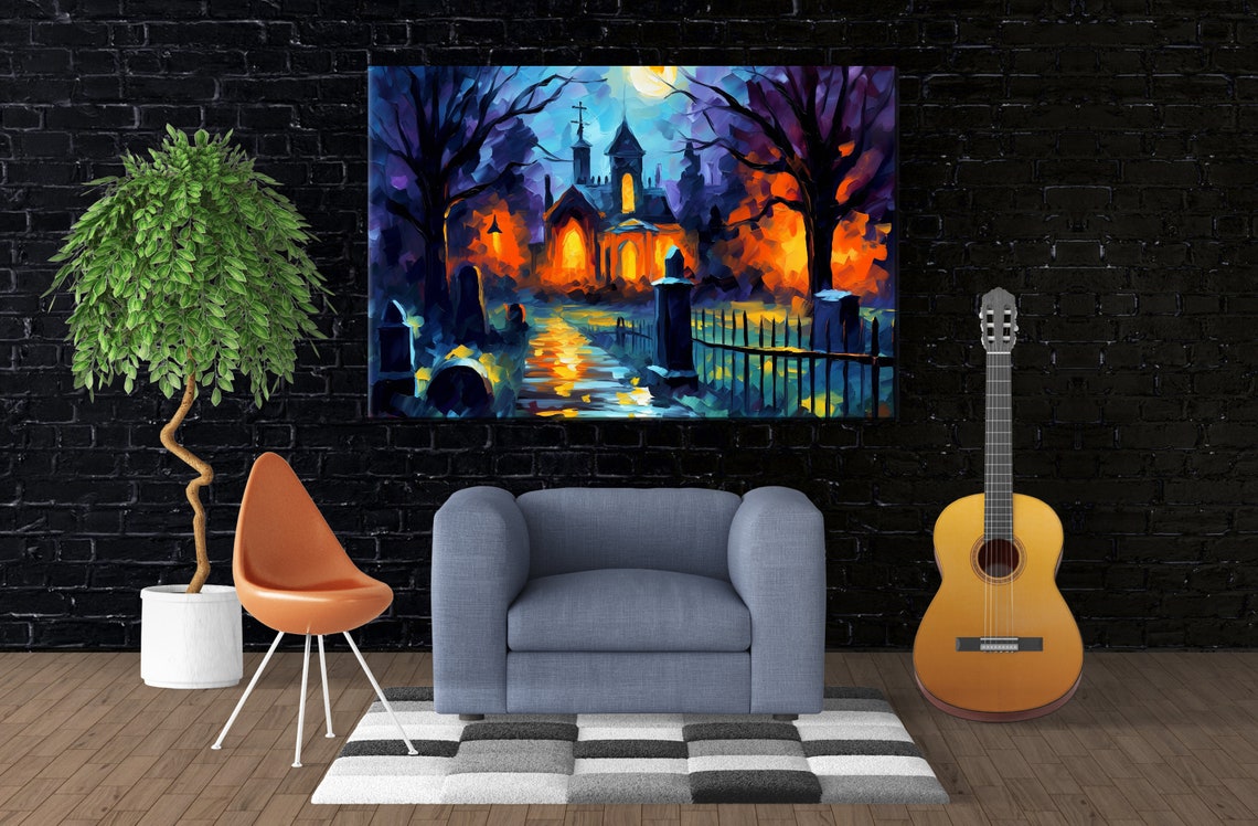 Haunted Chapel Full Moon Spooky Graveyard Night Oil Painting Art Print - Image 3