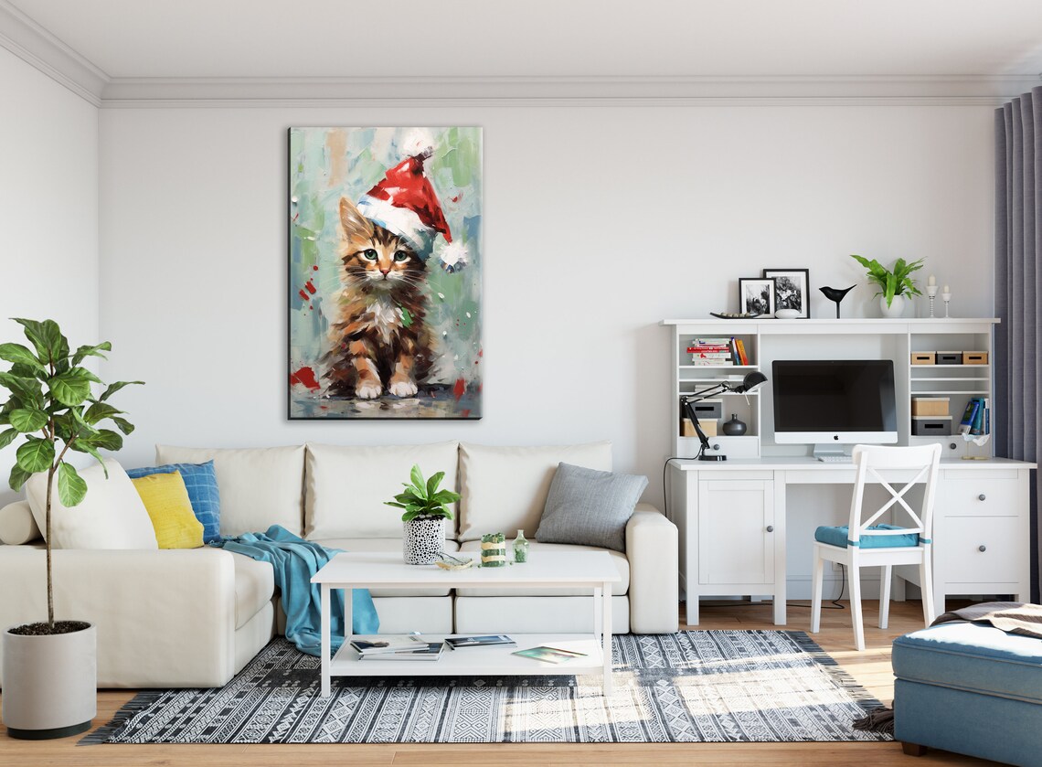 Sweet Tabby Kitten In Santa Hat Soft Christmas Cat Portrait Art Poster - Image 3