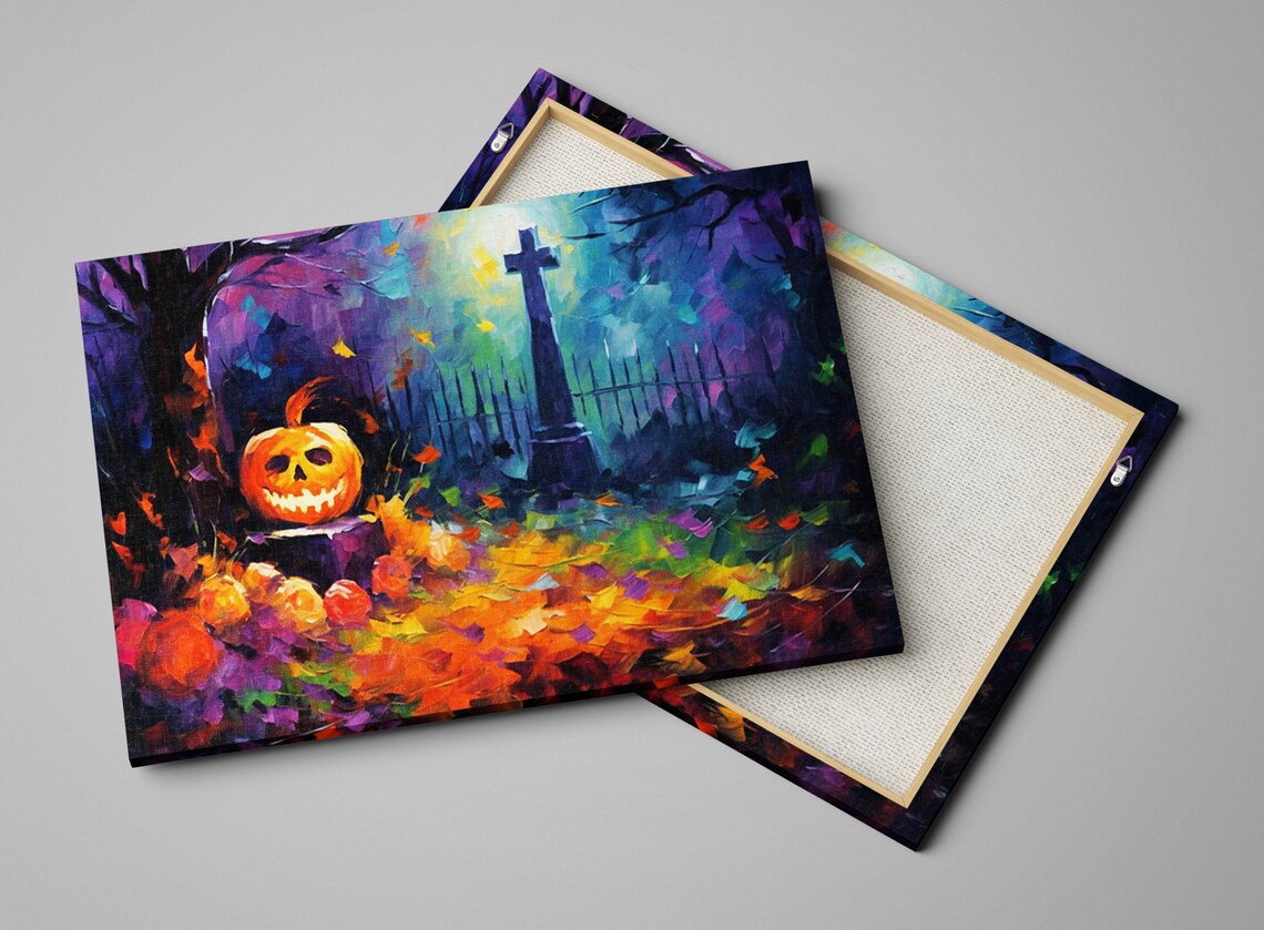 Grinning Jack-O-Lantern Moonlit Graveyard Autumn Night Oil Painting Print - Image 4
