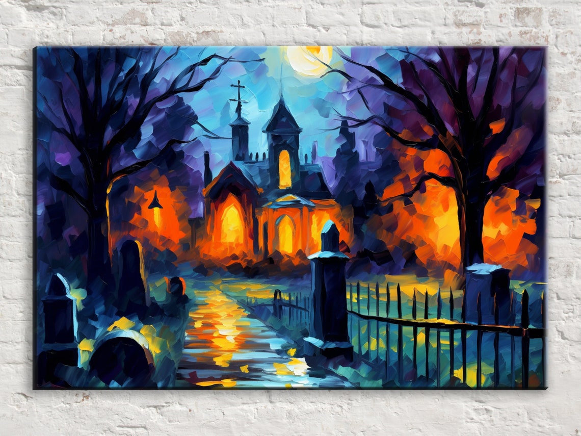 Haunted Chapel Full Moon Spooky Graveyard Night Oil Painting Art Print