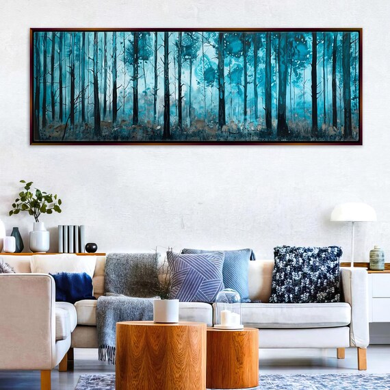 Panoramic Blue Watercolor Forest Print Framed Unframed Long Horizontal Gallery Wrapped Gicle Ready To Hang Extra Large Wall Art