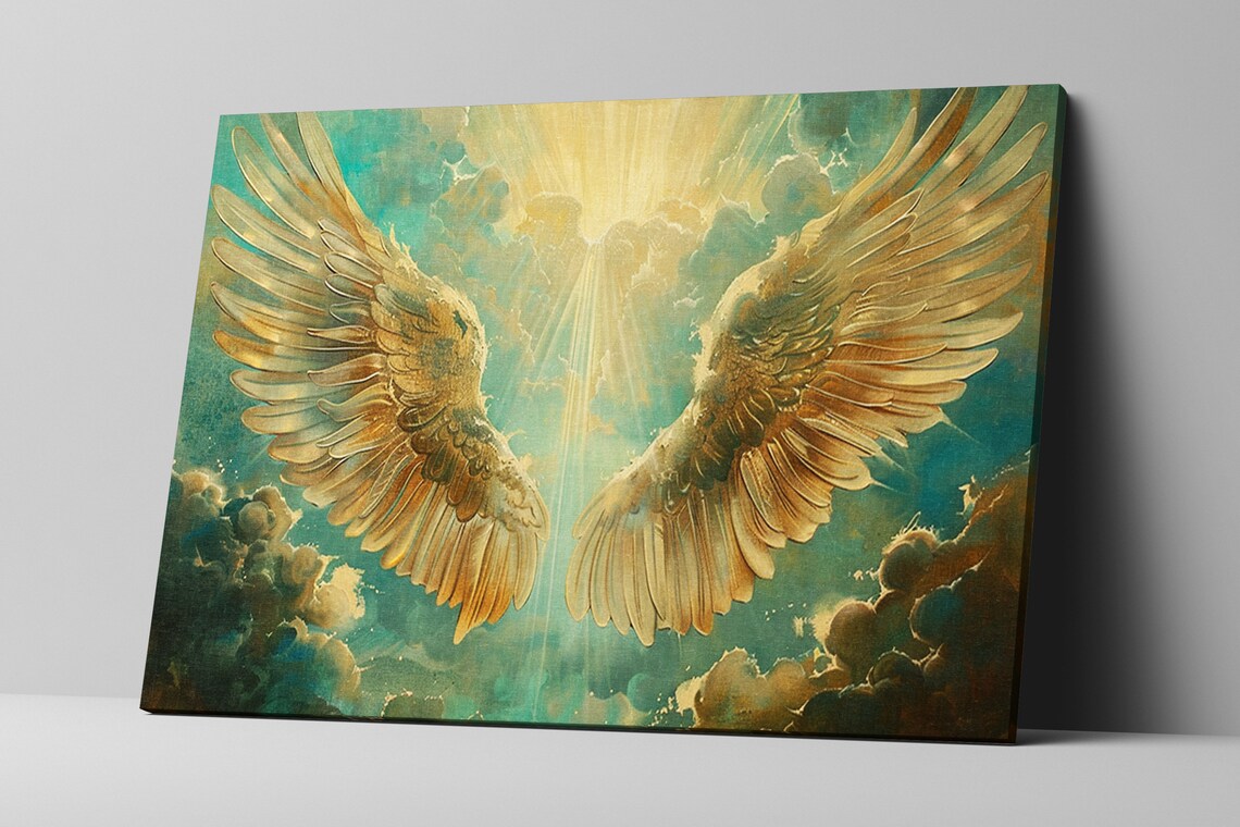 Golden Angel Wings Heavenly Sunbeam Teal Clouds Divine Art Poster - Image 5