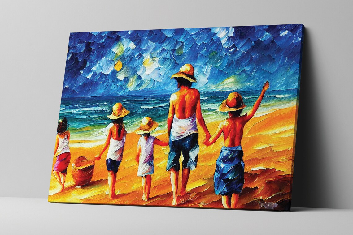 Family Walking Beach Golden Ocean Waves Colorful Impasto Art Poster - Image 4