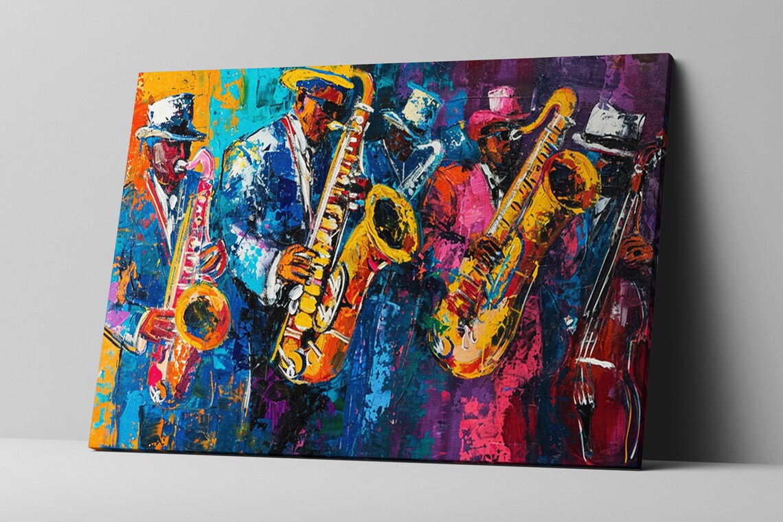 Vibrant Saxophone Jazz Band Five Musicians Suits Hats Colorful Art Poster - Image 5