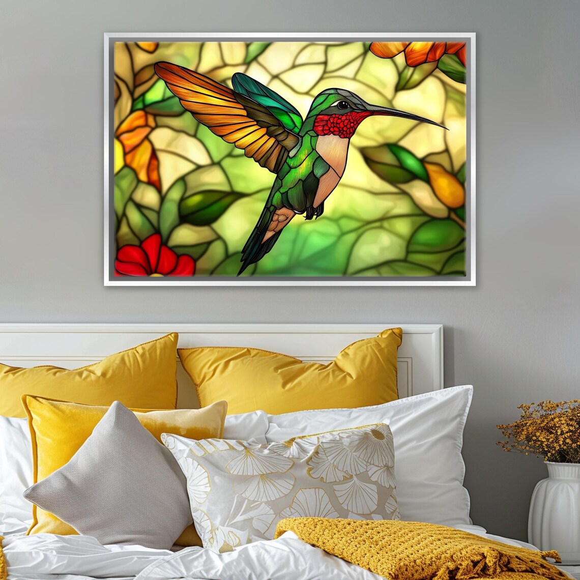 Stained Glass Style Hummingbird Flying Amber Glow Background Bird Art - Image 4