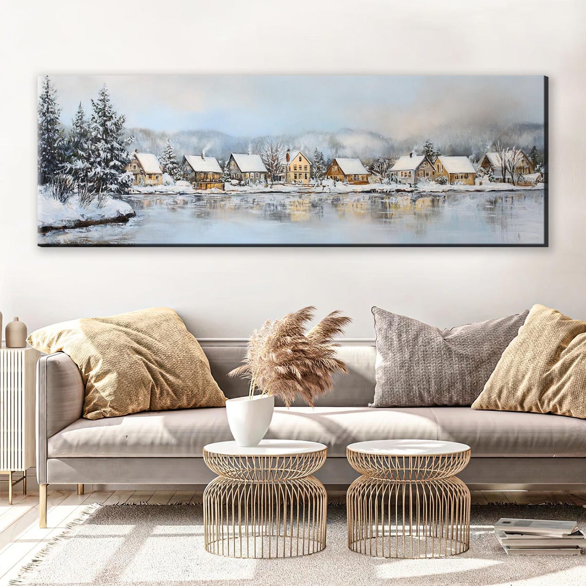 Boathouses On A Snowy Lake Panoramic Print Framed Unframed Long Horizontal Gallery Wrapped Ready To Hang Extra Large Wall Art - Image 3