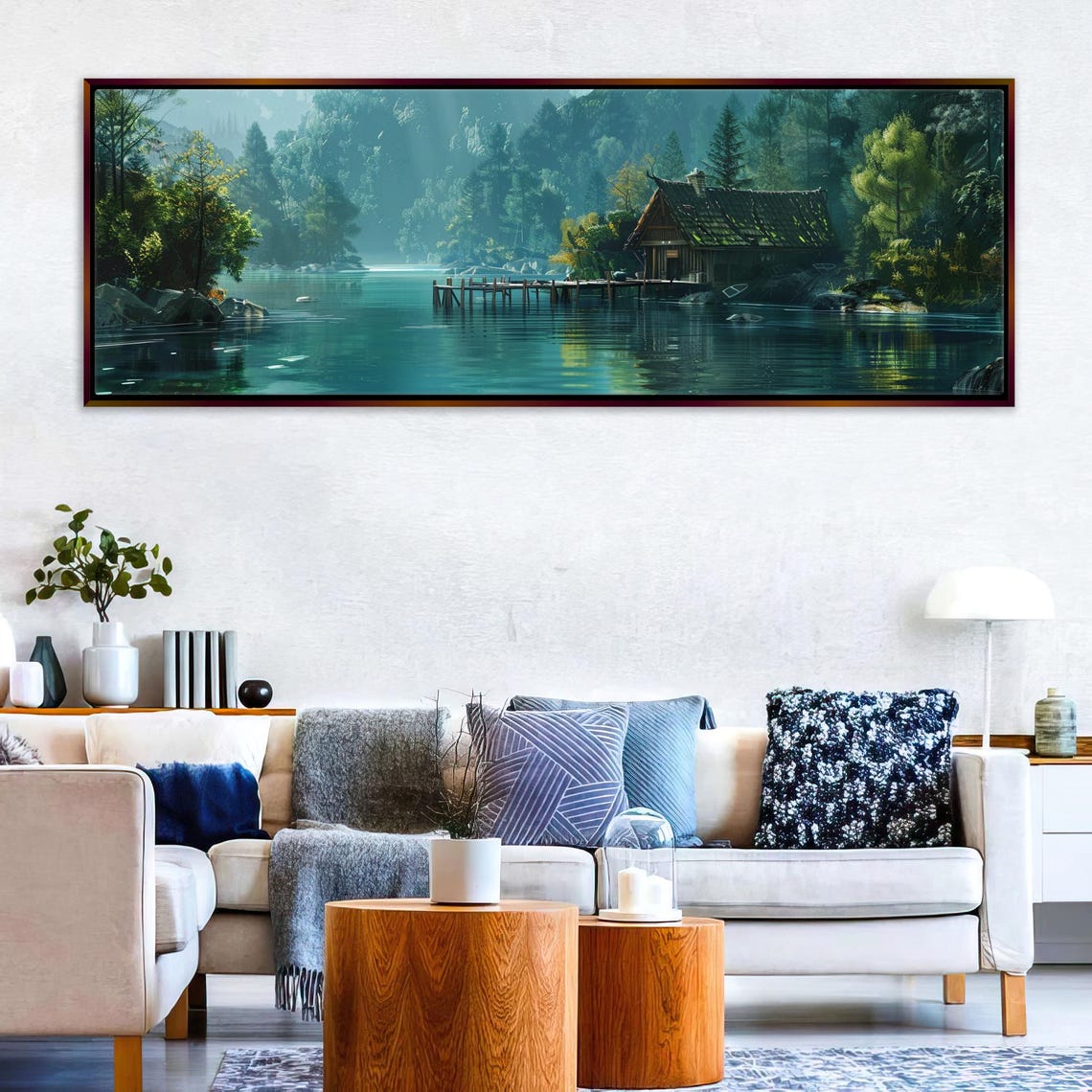 Panoramic Cozy Lakehouse Scene Cabin Decor Framed Unframed Long Horizontal Gallery Wrapped Ready To Hang Extra Large Wall Art - Image 4