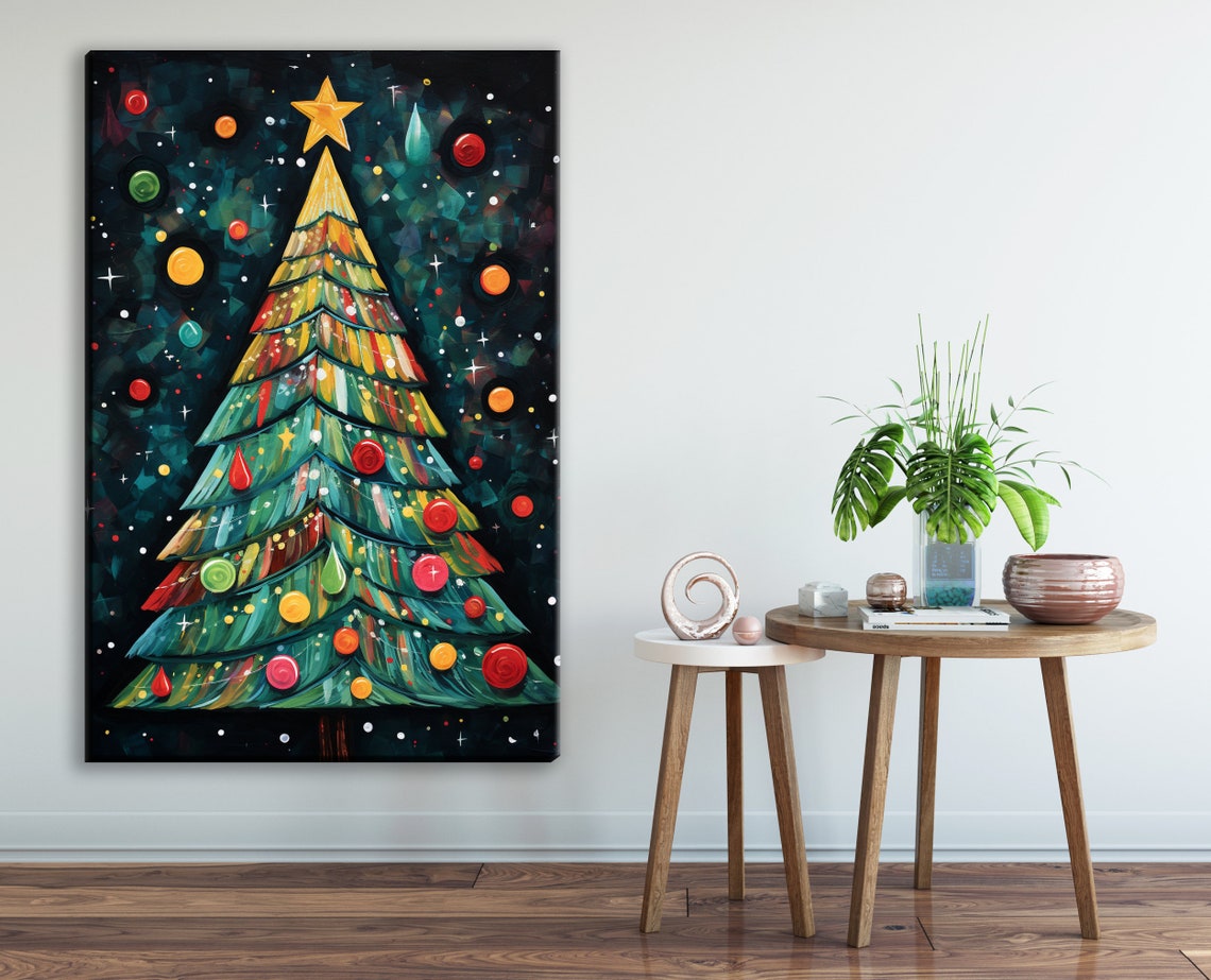 Festive Boho Christmas Tree Colorful Ornaments Starry Night Art Print - Image 3