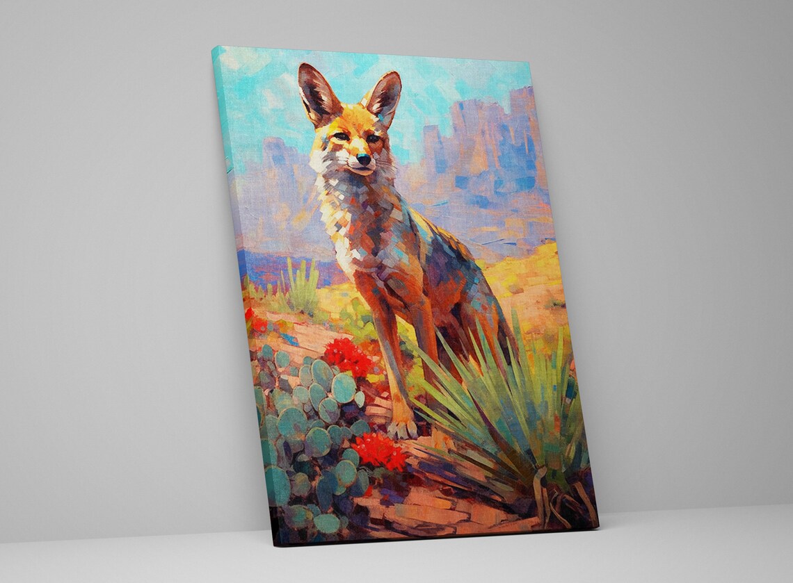 Colorful Desert Fox Southwest Wildlife Painting Cactus Canyon Scene Large Wall Art - Image 5