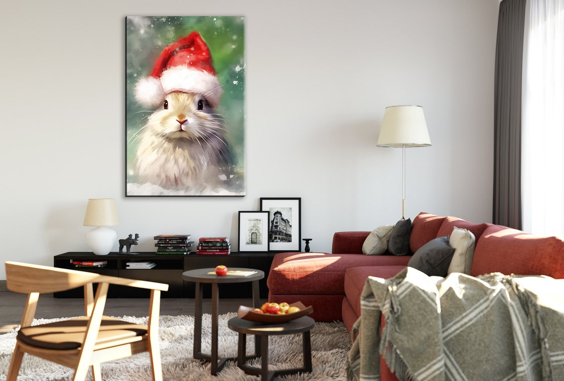 Festive Cute Bunny Painting Giclee Print On Gallery Wrapped Artist Available In Extra Large Sizes - Image 3