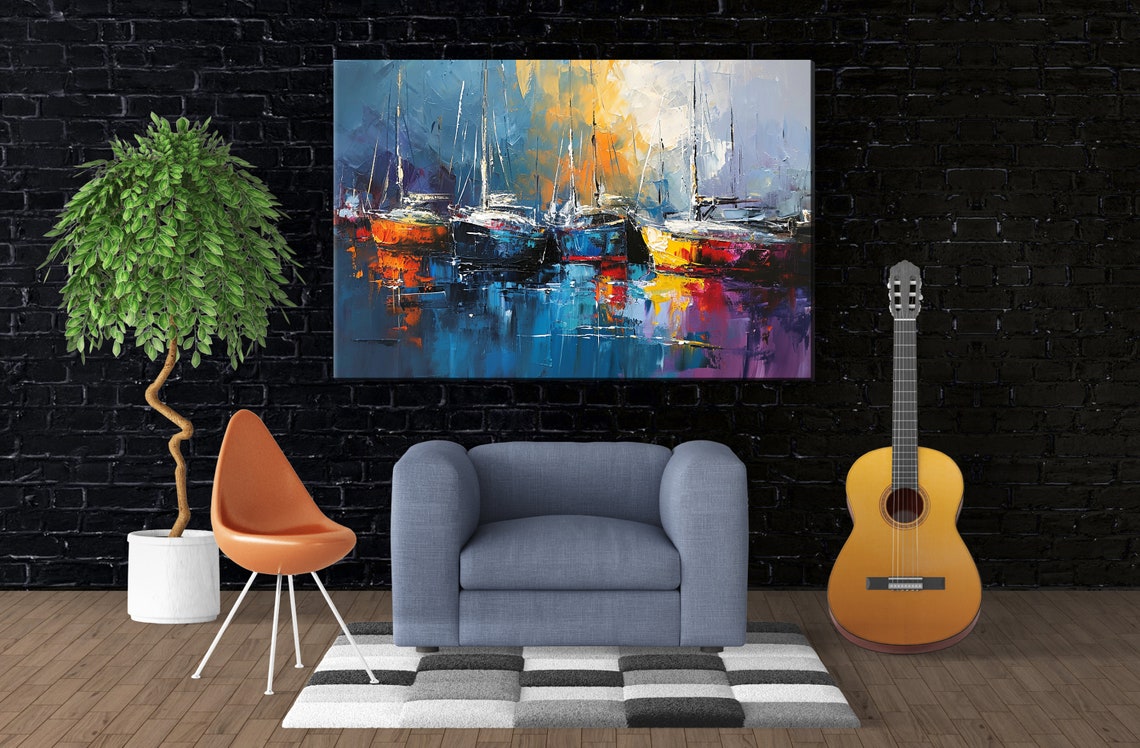 Sailboats Docked Harbor Blue Orange Impressionist Reflection Poster - Image 3