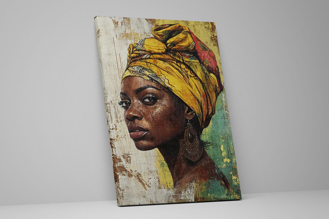 African Woman Yellow Headwrap Textured Portrait Elegant Wall Art - Image 2
