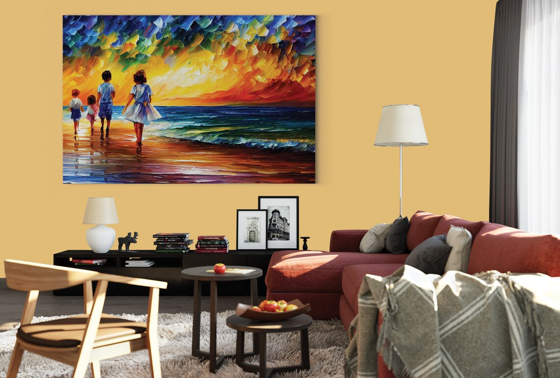 Children Walking Beach Sunset Colorful Ocean Family Art Poster - Image 2