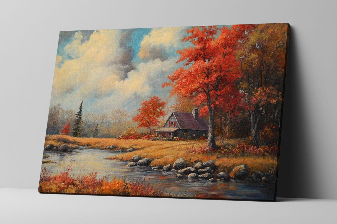 Serene Autumn Cottage Fall Landscape Stream Golden Trees Cozy Wall Art - Image 2