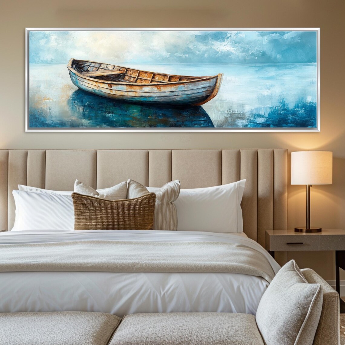 Vintage Wooden Boat Calm Blue Sea Serene Panoramic Coastal Horizontal Print - Image 3
