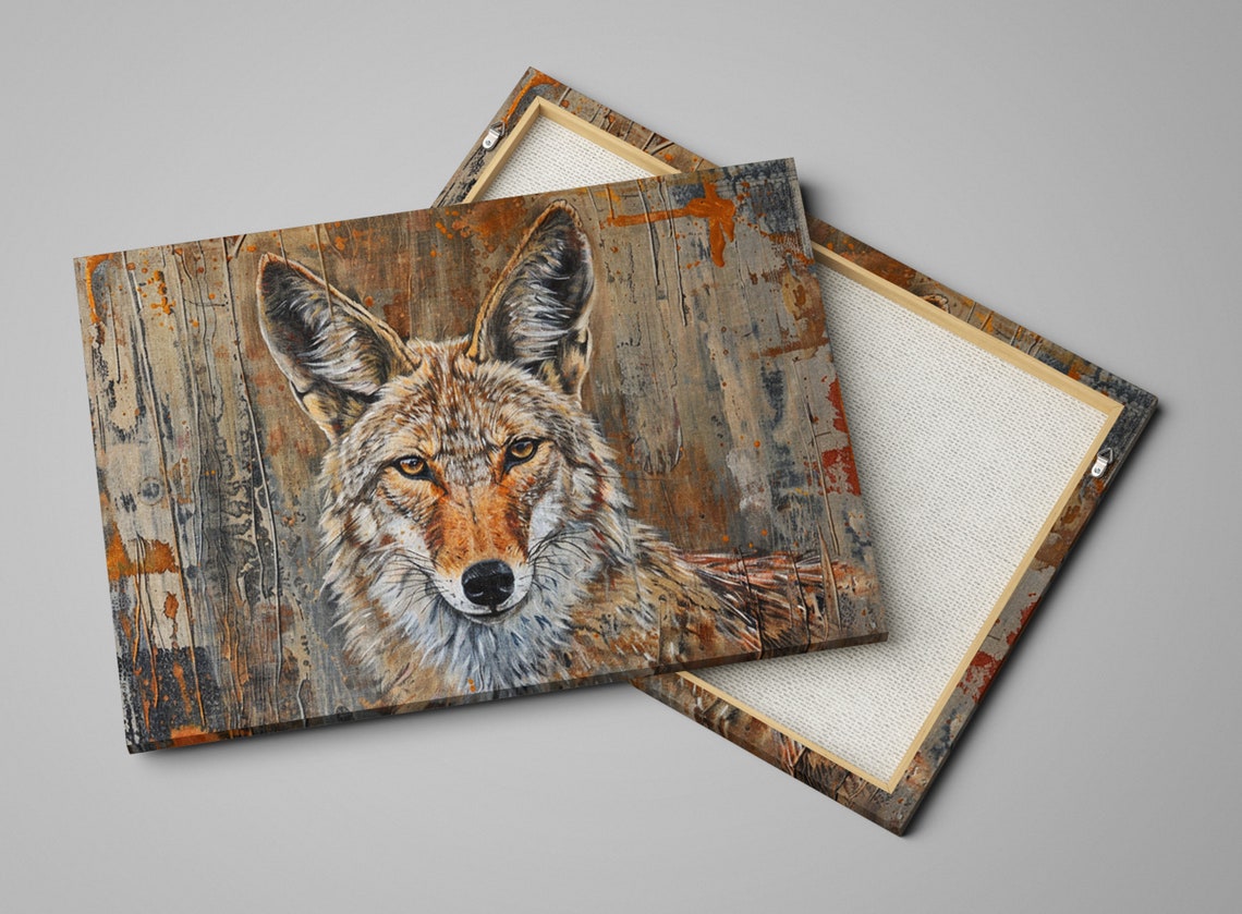 Coyote Close Up Portrait Weathered Wood Rustic Brown Tones Art Poster - Image 3