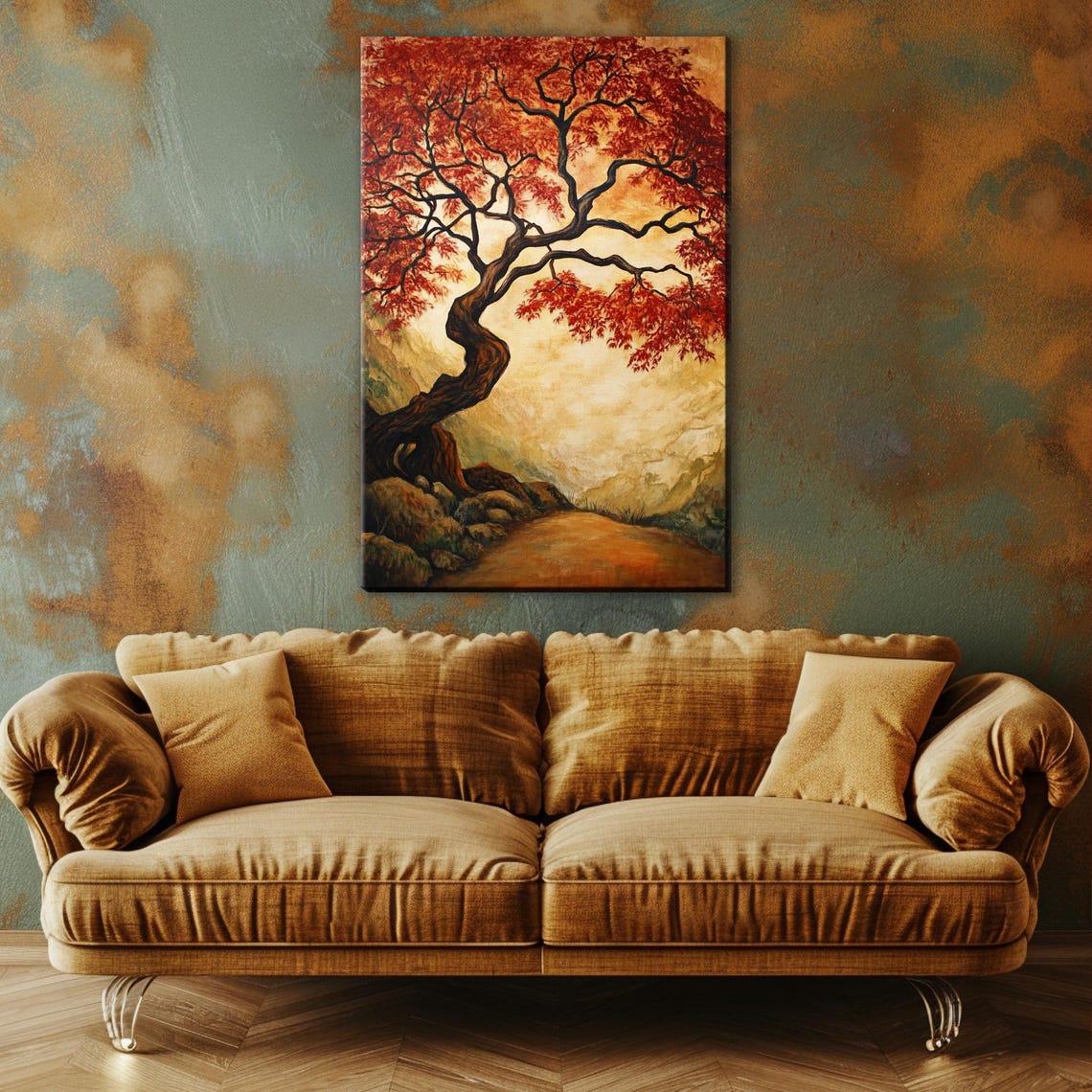 Twisted Red Maple Tree Autumn Foliage Golden Light Painting Wall Art - Image 5