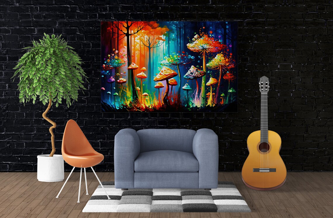 Magic Mushrooms Wall Art Psychedelic Trip Painting Glowing Shrooms Giclee Print - Image 3