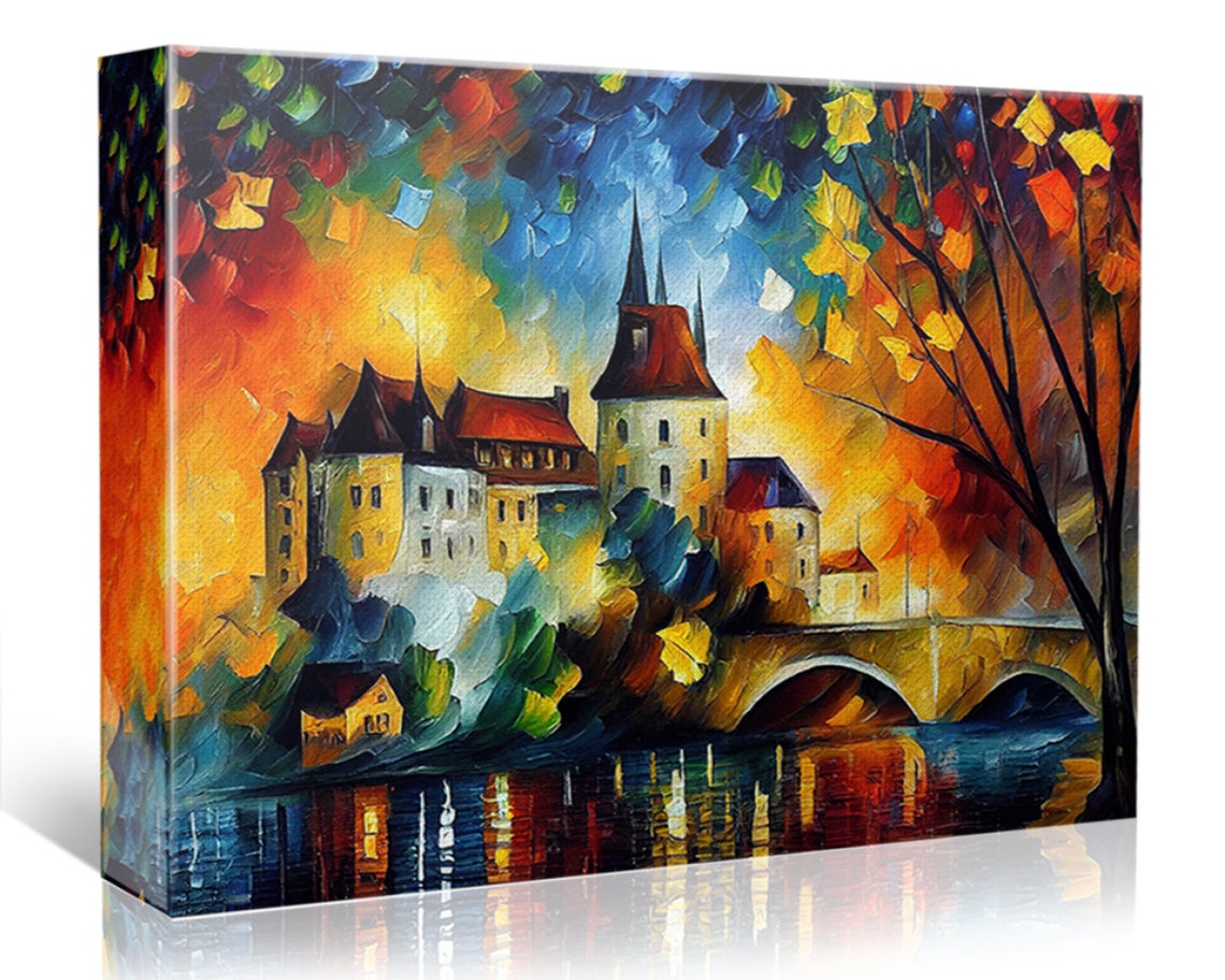 Old Town Castle Riverside Sunset Bridge Colorful Impasto Art Poster - Image 5