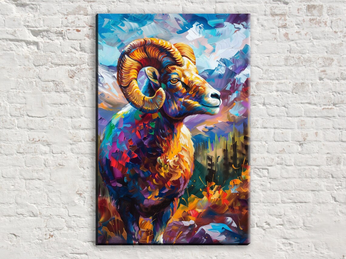 Majestic Ram Portrait Golden Curled Horns Colorful Wildlife Art Poster