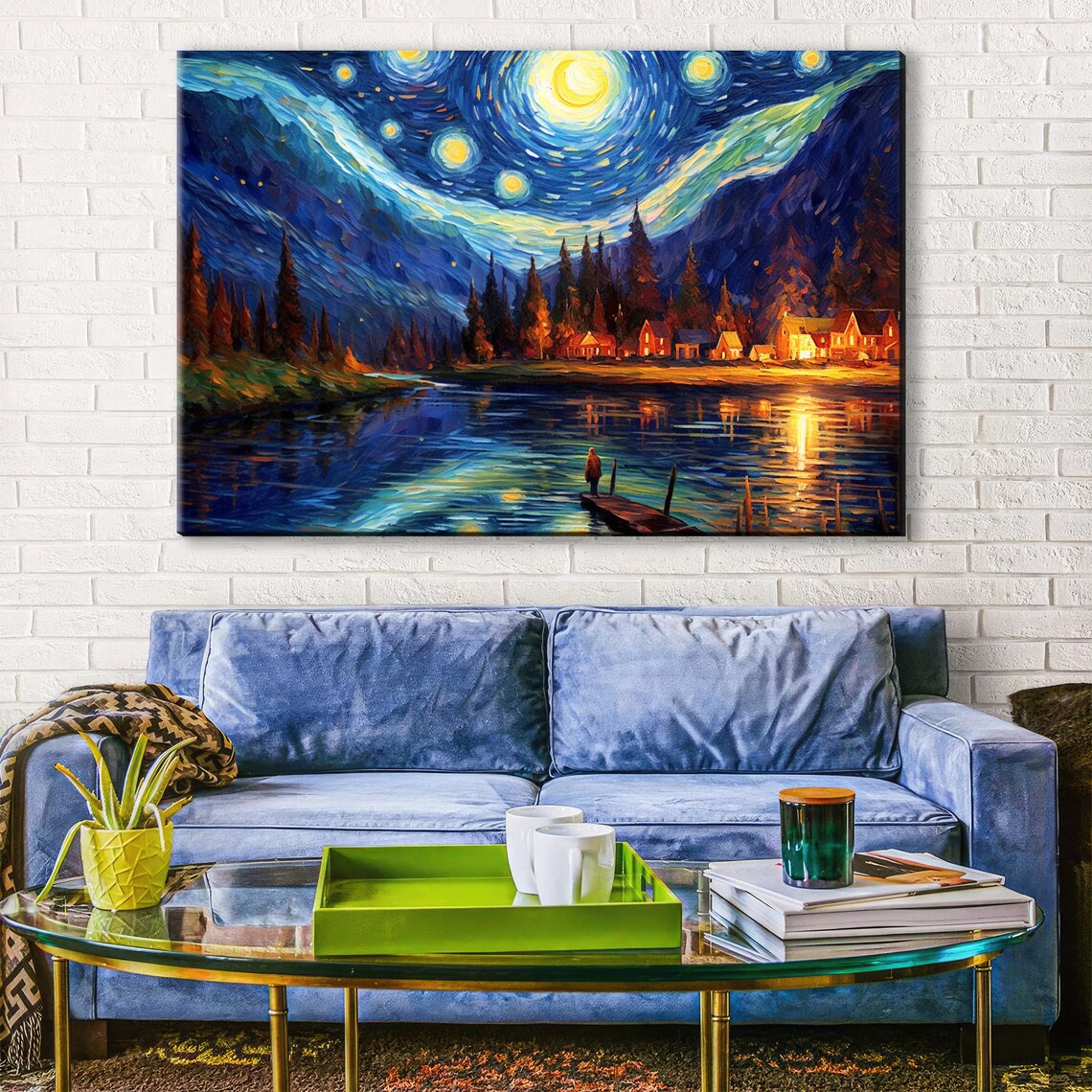 Starry Night Lake House at Night, Van Gogh-Inspired Art Print - Image 2
