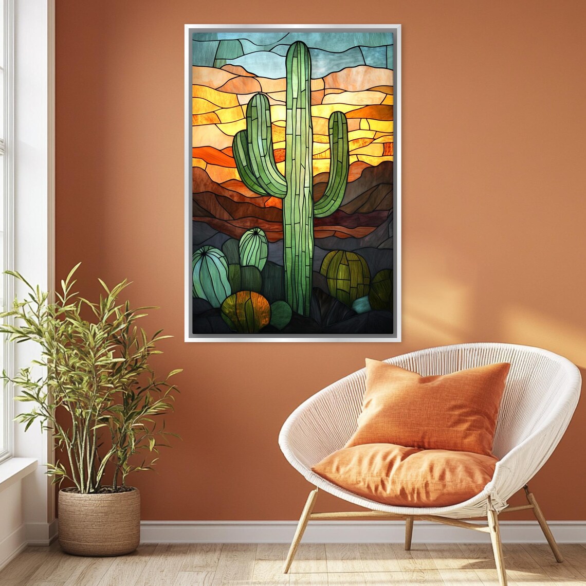 Stained Glass Lone Saguaro Cactus Wall Art Print - Image 4