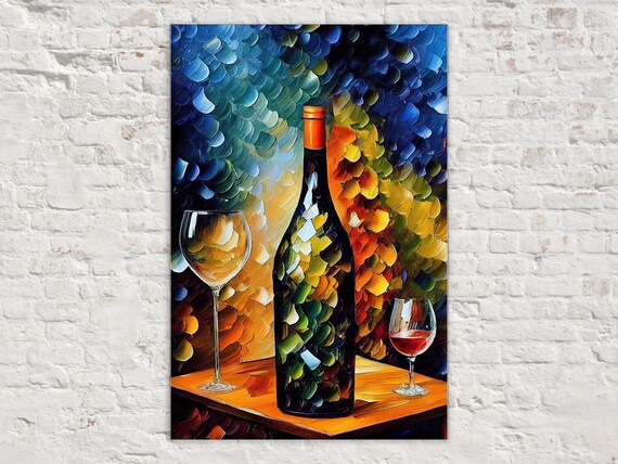 Wine Bottle Glasses Colorful Impasto Still Life Kitchen Art Poster