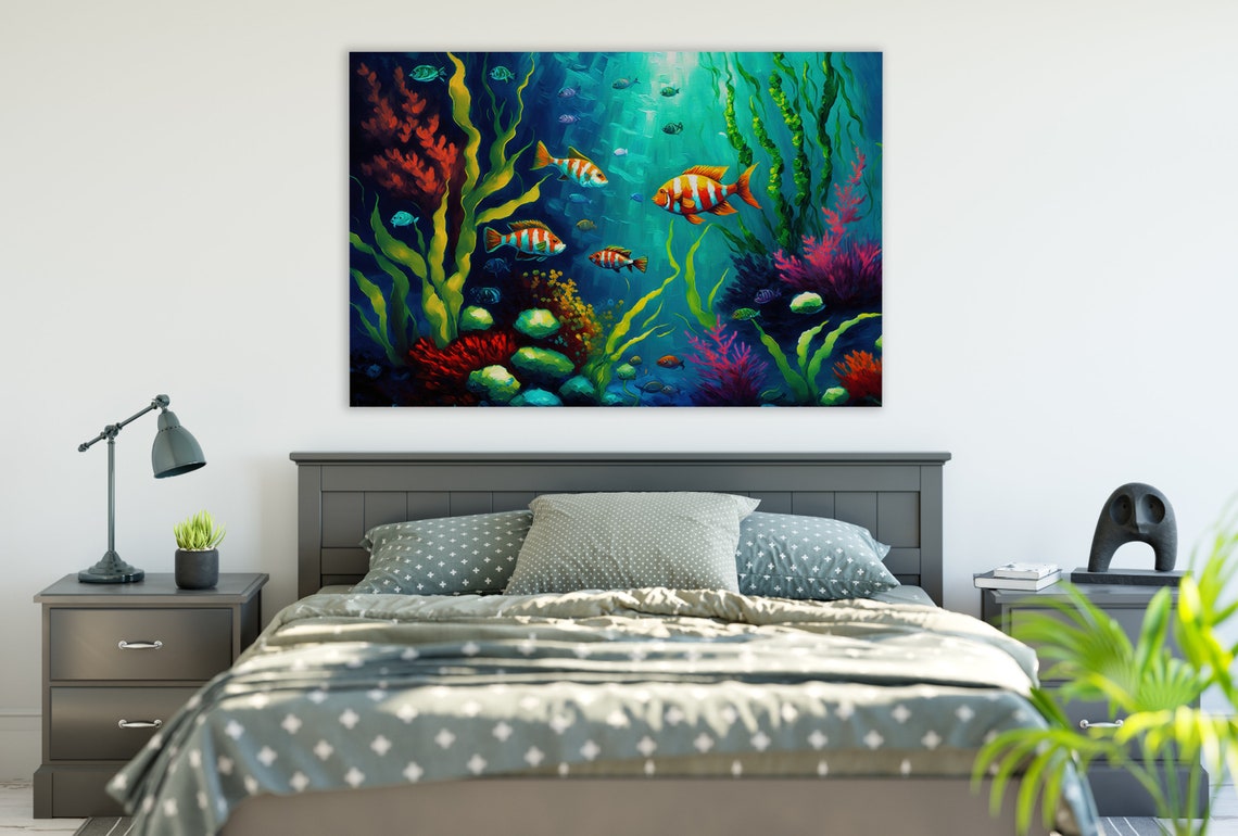 Underwater Fish Scene Striped Orange Fish Kelp Coral Ocean Poster - Image 2