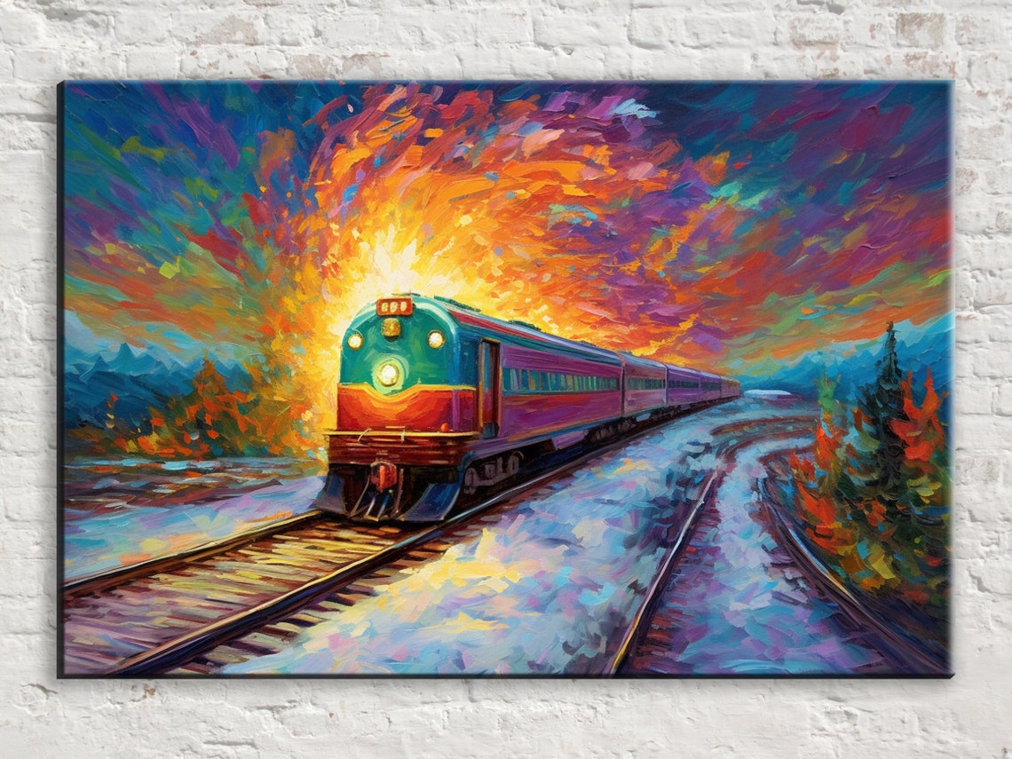 Colorful Sunset Train Express Vibrant Impressionist Rail Art Poster