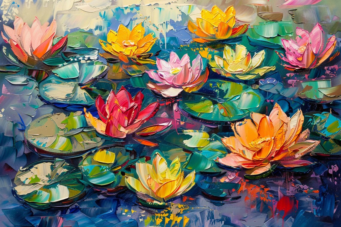Vibrant Impasto Water Lilies Palette Knife Colorful Floral Art Poster - Image 4