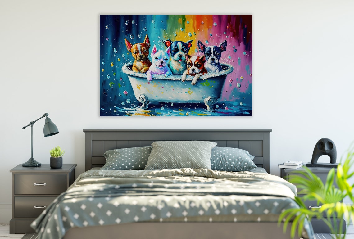 Five Cute Puppies in Bathtub Splash Playful Colorful Puppy Art Poster - Image 2