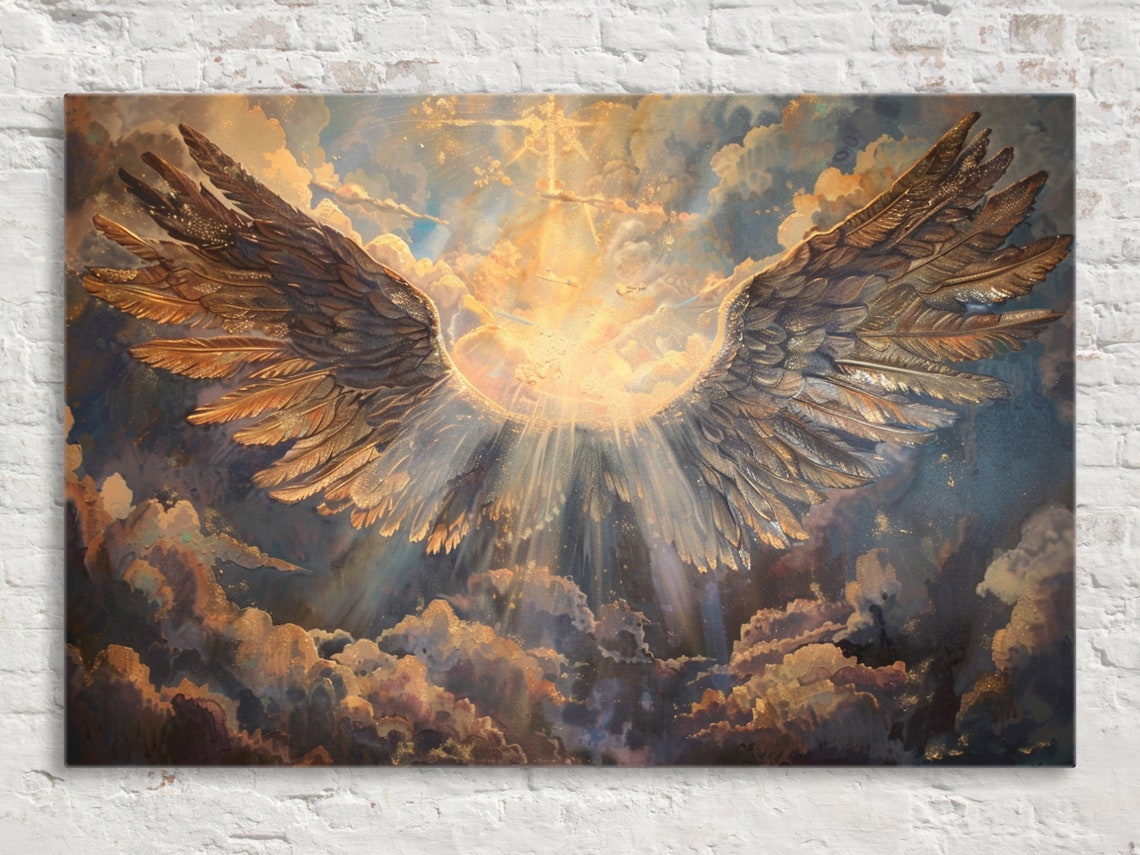 Dramatic Angel Wings Golden Light Burst Celestial Cloud Art Poster