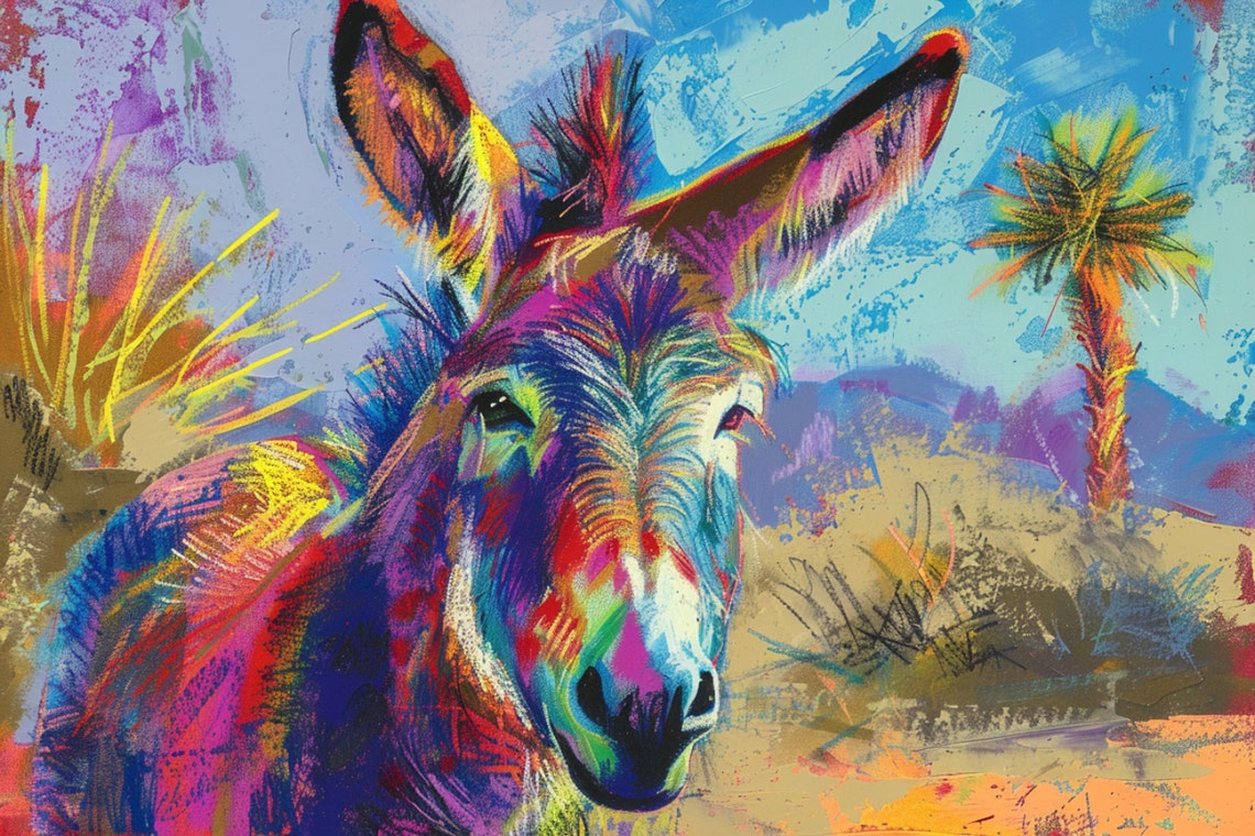Playful Neon Donkey Face Desert Palm Rainbow Animal Wall Art Poster - Image 5