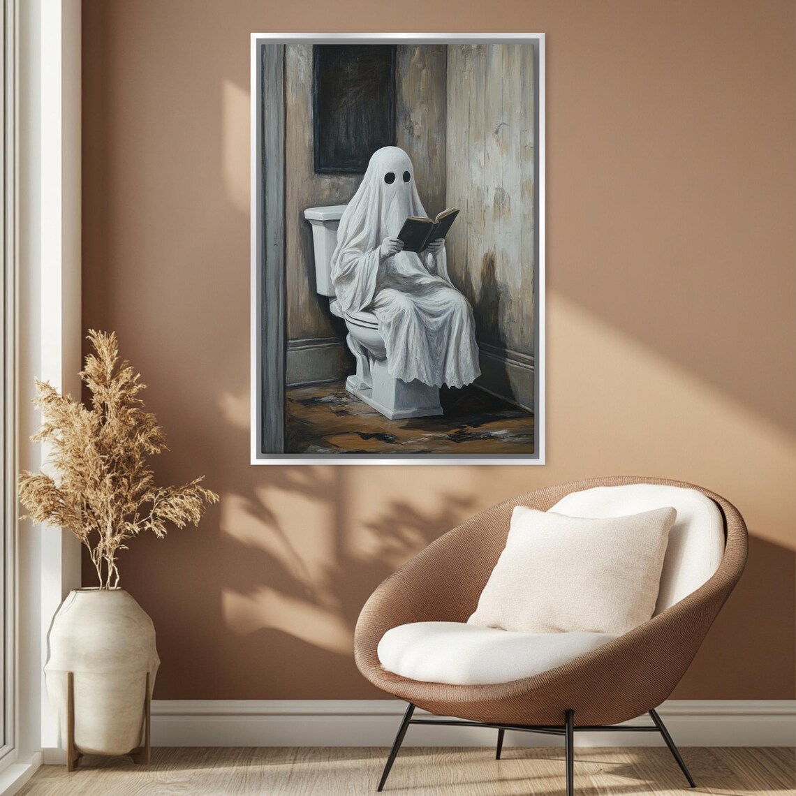 Funny Ghost Reading Book On Toilet Humorous Halloween Bathroom Art Print