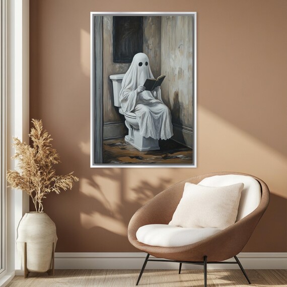 Funny Ghost Reading Book On Toilet Humorous Halloween Bathroom Art Print