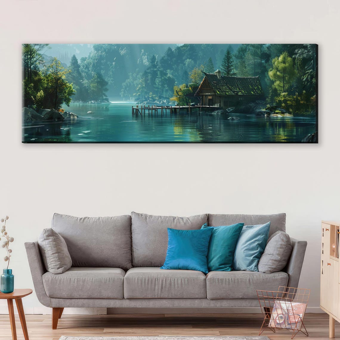 Panoramic Cozy Lakehouse Scene Cabin Decor Framed Unframed Long Horizontal Gallery Wrapped Ready To Hang Extra Large Wall Art - Image 5