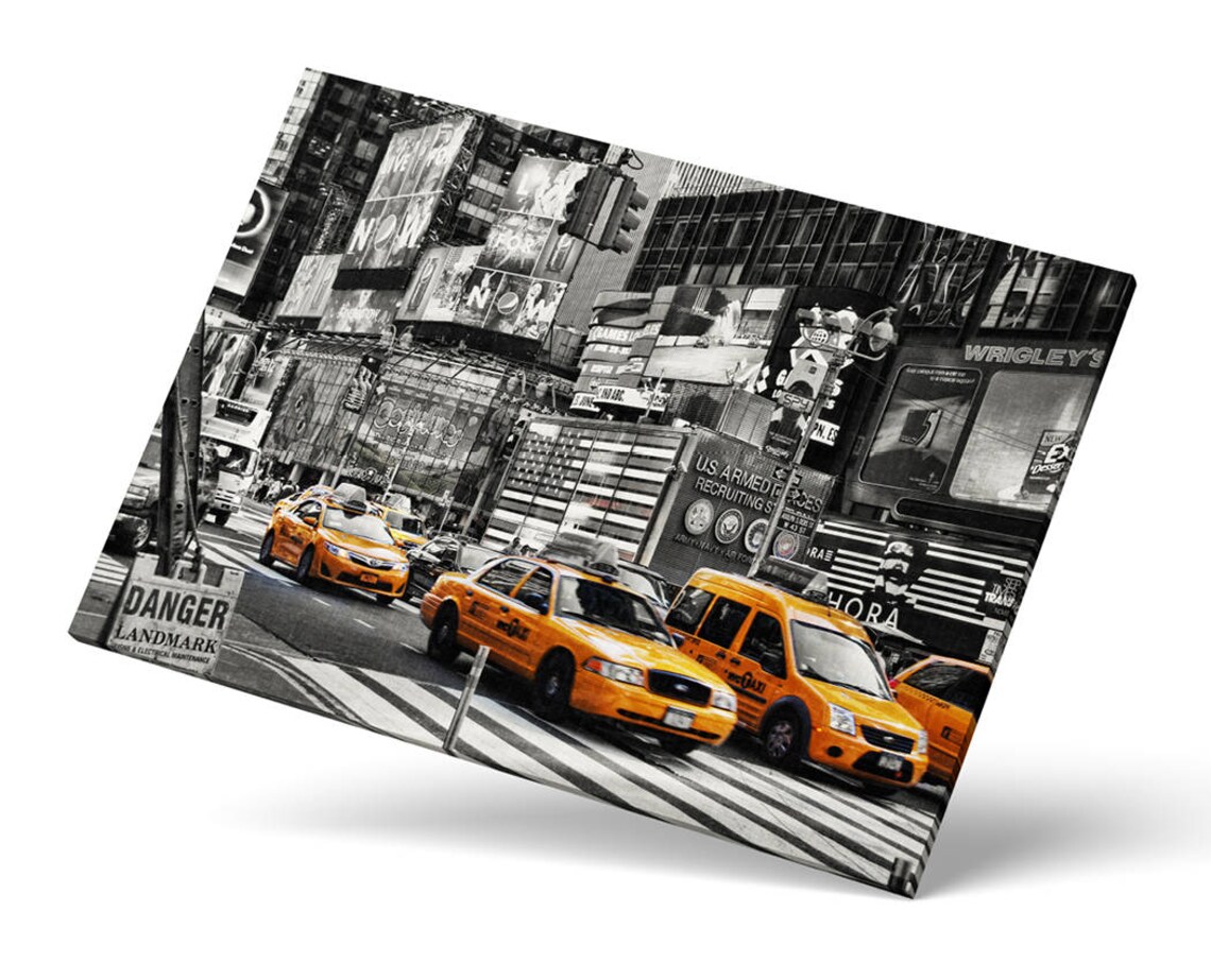 Times Square Yellow Taxis Billboards Black White City Poster