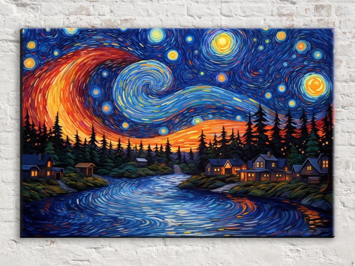 Starry Night Lake, Van Gogh-Inspired Wall Art Print
