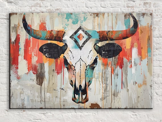 Rustic Cowboy Cow Skull Wall Art Gicle Print On Gallery Wrapped Artist Ready To Hang Available In Extra Large Sizes