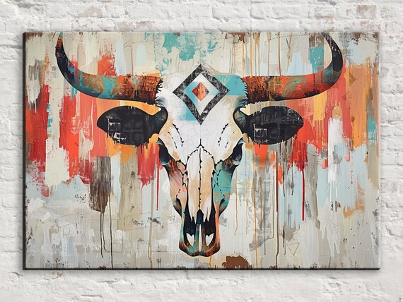 Western Longhorn Cow Skull Turquoise Orange Tribal Paint Drip Poster