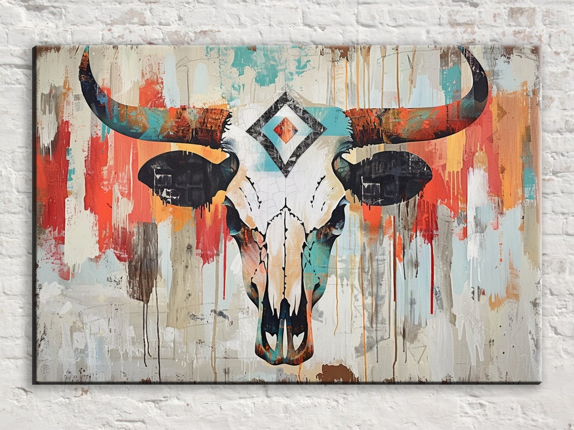 Western Longhorn Cow Skull Turquoise Orange Tribal Paint Drip Poster