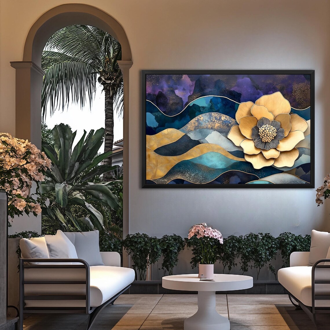 Luxury Gold 3D Flower Teal Purple Waves Glitter Floral Art Poster - Image 4
