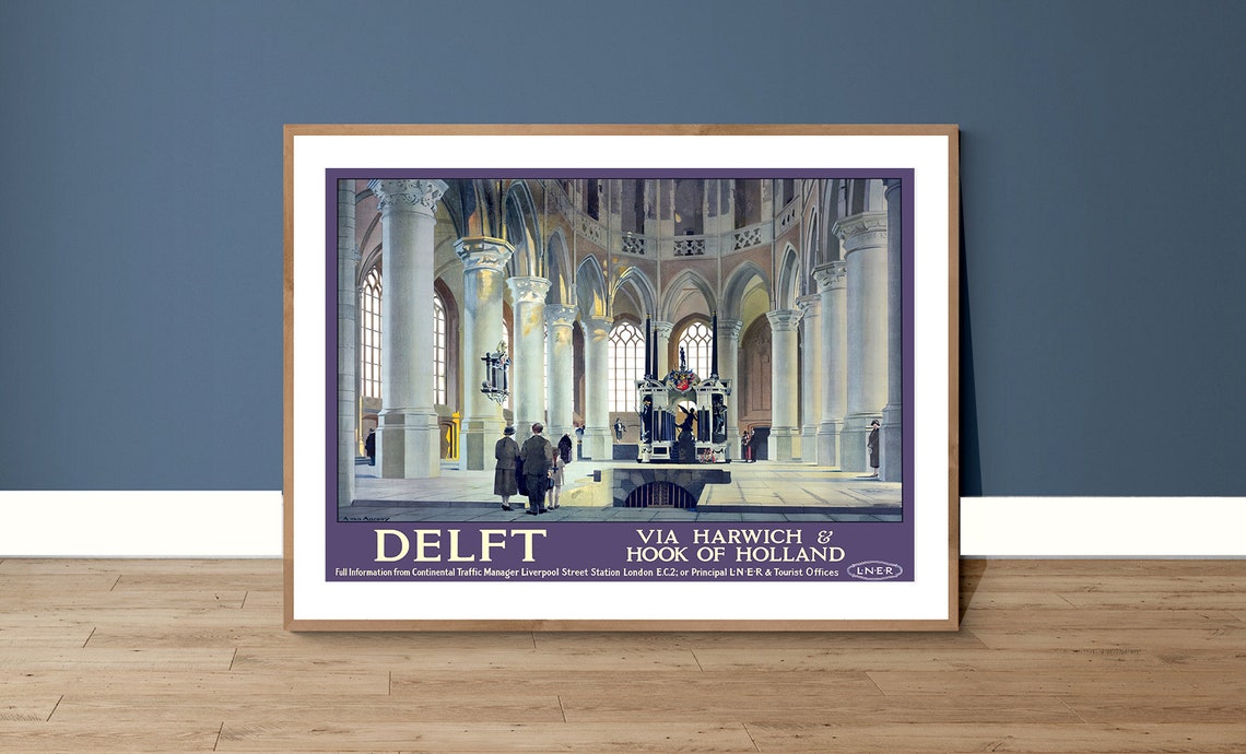 Delft Netherlands Nieuwe Kerk LNER Railway Vintage Travel Poster