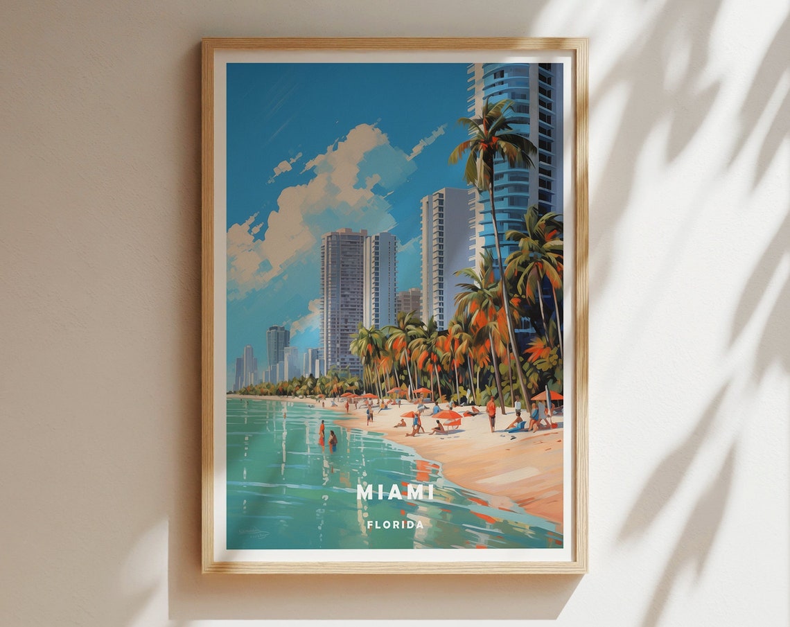 Miami Florida Bright Palm Tree Beach Skyline Sunset Travel Poster