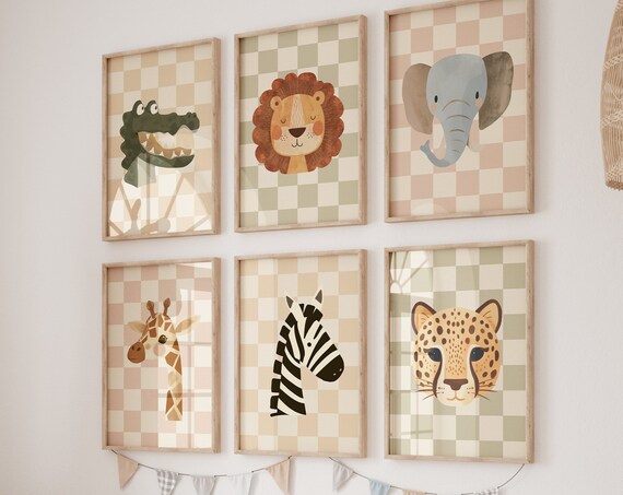 Safari Animal Prints Set Of Six Checkerboard Backgrounds Nursery Poster