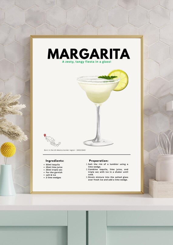 Margarita Cocktail Recipe Born On The US Mexico Border Bar Poster