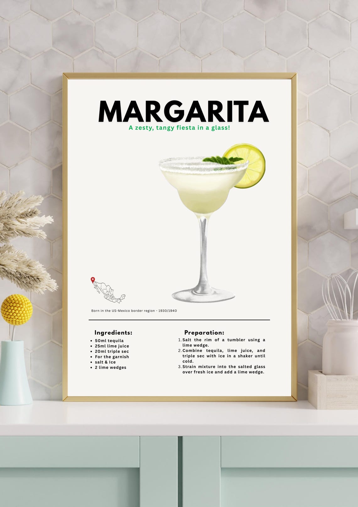 Margarita Cocktail Recipe Born On The US Mexico Border Bar Poster
