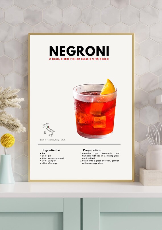 Negroni Cocktail Recipe Poster Bold Bitter Italian Bar Classic