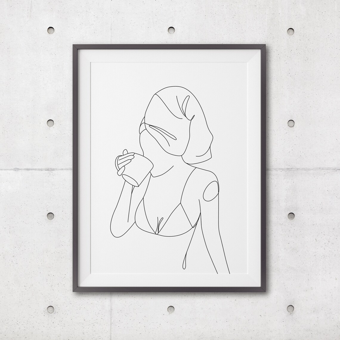 Woman Drinking Coffee with Towel on Head Line Drawing Poster - Image 3